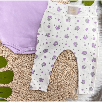 Conj. de Malha 3 peças - Flor de Coração - Off White e Lilás